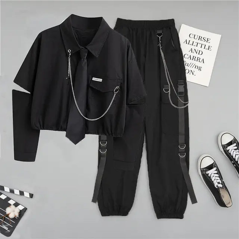 2023 Spring Chain Cargo Pants Female Streetwear Harajuku Loose T Shirt+Cargo Pants High Waist Handsome Two-Piece Suit