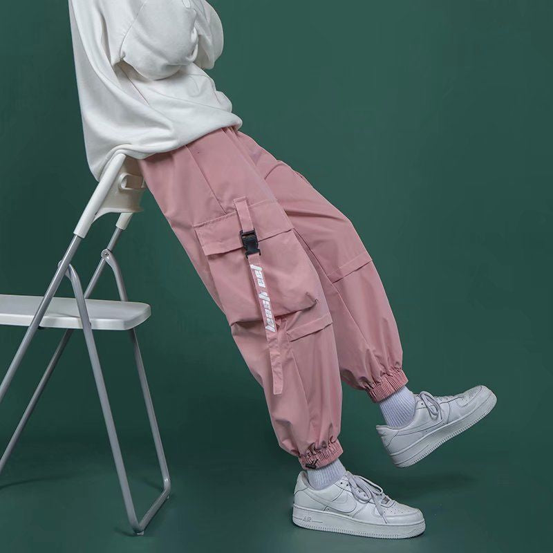 Black Cargo Pants Men'S Fashion Loose Tappered Casual Pants Pink Hip Hop Sports Pants Japanese Streetwear Pants Cargo Sweatpants